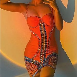 Fashion Nova Orange Mini Dress with Silver Accents